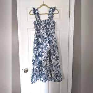 Blue Floral Midi Dress with Ruffle sleeves/hem and smocked bodice